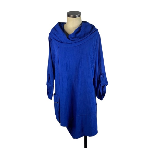Ali Miles Cowl Neck Asymmetric Hem Tunic Top Large Royal Blue Square Buttons - Picture 2 of 10